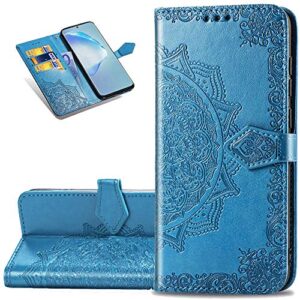 lemaxelers redmi note 9 pro case pu leather phone case mandala embossed wallet flip shockproof protective with stand card holder cover for xiaomi redmi note 9s / note 9 pro max. mandala blue sd