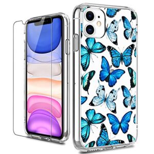 luhouri luhouri iphone 11 case with screen protector, clear fashion designs protective phone cover for women girls, slim fit durable acrylic phone case for iphone 11 6.1" blue butterflies flower