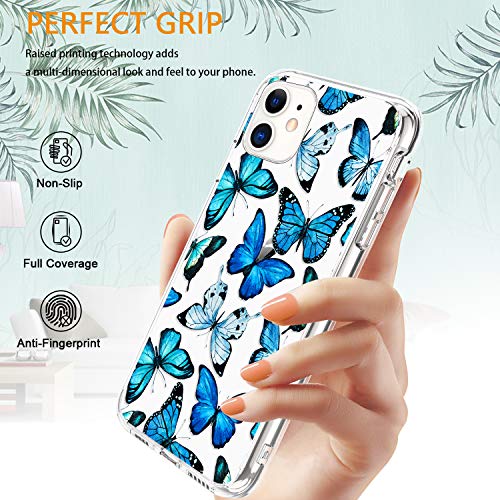 LUHOURI LUHOURI iPhone 11 Case with Screen Protector, Clear Fashion Designs Protective Phone Cover for Women Girls, Slim Fit Durable Acrylic Phone Case for iPhone 11 6.1" Blue Butterflies Flower