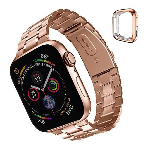 chuangshiji Compatible with Apple Watch Band 38mm 40mm 41mm 42mm 44mm 45mm Women and Men, Solid Stainless Steel Metal Wristband Replacement for iWatch Series 8/7/6/5/4/3/2/1/SE (Rose gold, 38mm/40mm/41mm)