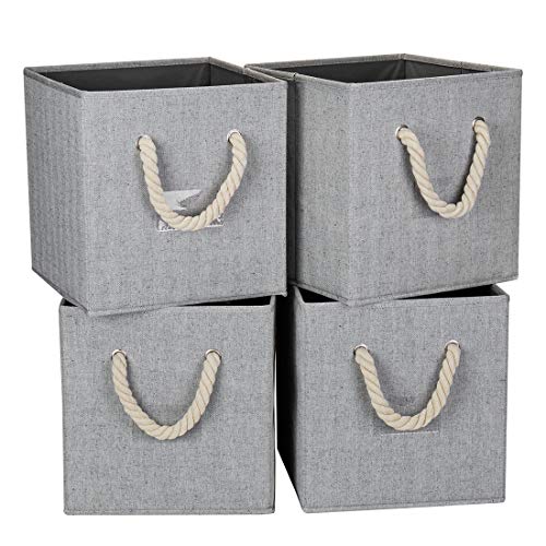 Robuy Set of 4 Gray Foldable Fabric Cube Storage Bins with Cotton Rope Handle, Collapsible Resistant Drawer Shelf Basket Box Organizer for Shelves Size (10.5x10.5 x11 inch)