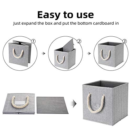 Robuy Set of 4 Gray Foldable Fabric Cube Storage Bins with Cotton Rope Handle, Collapsible Resistant Drawer Shelf Basket Box Organizer for Shelves Size (10.5x10.5 x11 inch)