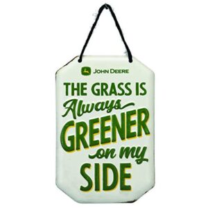 open road brands john deere grass is greener on my side embossed metal hanging sign - small john deere sign for home decorating - great gift idea