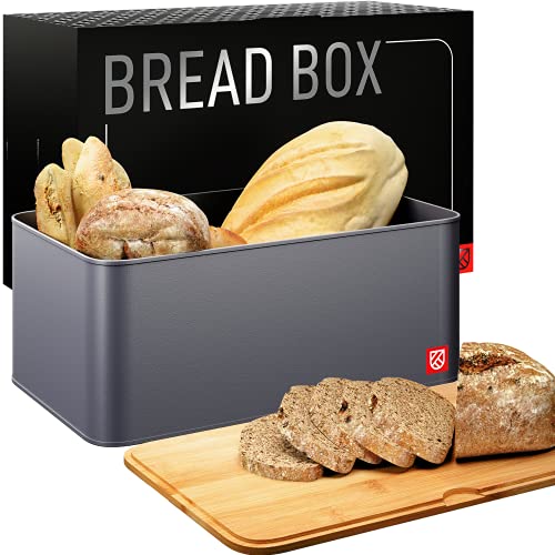 Bread Box for Kitchen Countertop - Large Metal Countertop Bread Bin with Bamboo Chopping Board Lid - Bread Storage Container and Holder - Cut, Serve and Store Bread Fresher For Longer