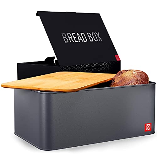 Bread Box for Kitchen Countertop - Large Metal Countertop Bread Bin with Bamboo Chopping Board Lid - Bread Storage Container and Holder - Cut, Serve and Store Bread Fresher For Longer