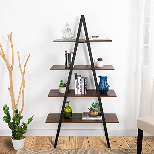 glitzhome 4 Tier Industrial Ladder Bookshelf Wood Metal Bookcase Modern Standing Book Shelves with Rustic Finish Vintage Open Shelf Display Rack Storage Organizer for Bedroom Living Room Home Office