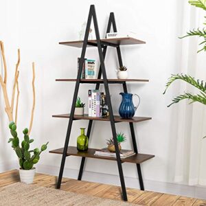 glitzhome 4 Tier Industrial Ladder Bookshelf Wood Metal Bookcase Modern Standing Book Shelves with Rustic Finish Vintage Open Shelf Display Rack Storage Organizer for Bedroom Living Room Home Office