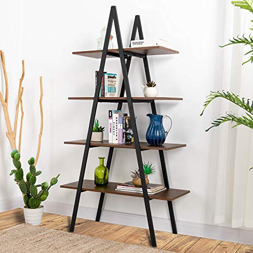 glitzhome 4 Tier Industrial Ladder Bookshelf Wood Metal Bookcase Modern Standing Book Shelves with Rustic Finish Vintage Open Shelf Display Rack Storage Organizer for Bedroom Living Room Home Office