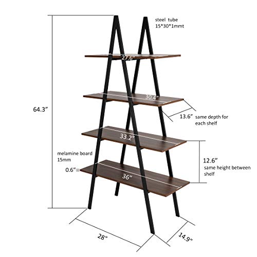 glitzhome 4 Tier Industrial Ladder Bookshelf Wood Metal Bookcase Modern Standing Book Shelves with Rustic Finish Vintage Open Shelf Display Rack Storage Organizer for Bedroom Living Room Home Office