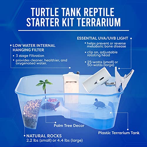 Turtle Tank for Kids & Reptile Lovers with a Turtle Lamp. Breeds Turtle up to 4 inches. Terrarium / Aquarium with Terrapin Lake, Palm Tree & Pebbles, 16 inch Small Tank - Total Turtle Tank