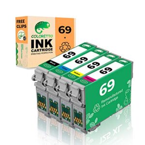 coloretto remanufactured ink cartridge replacement for epson 69 t069 used for cx5000 cx6000 cx7000f cx7450 cx8400 cx9475f nx105 nx115 nx200 4 pack (1 black 1 cyan 1 magenta 1 yellow) combo pack