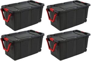 sterilite 14699002 40 gallon/151 liter wheeled industrial tote, black lid & base w/racer red handle & latches, 4-pack