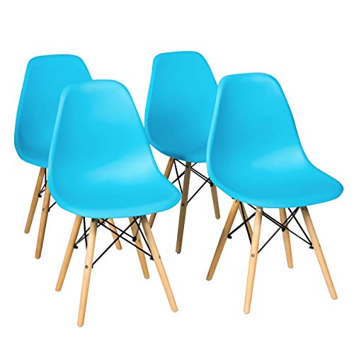 Giantex Dining Chairs Set of 4 Blue, Pre Assembled Mid Century Modern Dining Chairs with Wood Legs, Armless Kitchen Chairs, Plastic Side Chair for Dining Room, Kitchen, Living Room