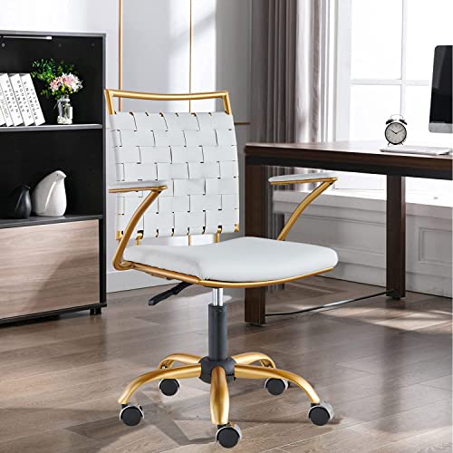 LUXMOD Vanity Chair Gold and White Chair Mid Back Ergonomic Swivel Computer Desk Chair with Arms, Ergonomic White Leather Chair for Lumbar Support & Extra Back,Home Office White Chair for Desk