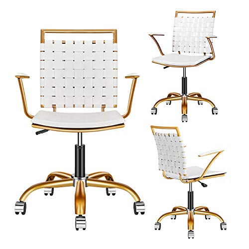 LUXMOD Vanity Chair Gold and White Chair Mid Back Ergonomic Swivel Computer Desk Chair with Arms, Ergonomic White Leather Chair for Lumbar Support & Extra Back,Home Office White Chair for Desk