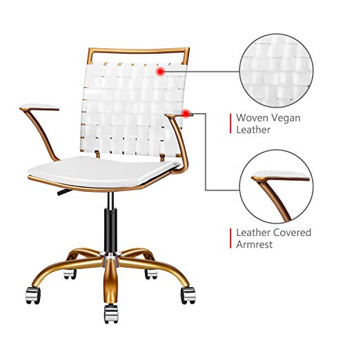 LUXMOD Vanity Chair Gold and White Chair Mid Back Ergonomic Swivel Computer Desk Chair with Arms, Ergonomic White Leather Chair for Lumbar Support & Extra Back,Home Office White Chair for Desk