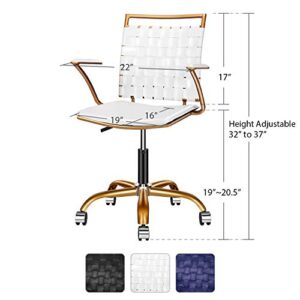 LUXMOD Vanity Chair Gold and White Chair Mid Back Ergonomic Swivel Computer Desk Chair with Arms, Ergonomic White Leather Chair for Lumbar Support & Extra Back,Home Office White Chair for Desk