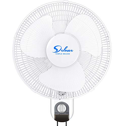 Simple Deluxe Digital Household Wall Mount Fans 16 Inch Adjustable Tilt, 90 Degree, 3 Speed Settings, 1 Pack, White