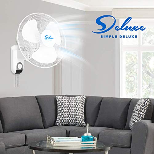 Simple Deluxe Digital Household Wall Mount Fans 16 Inch Adjustable Tilt, 90 Degree, 3 Speed Settings, 1 Pack, White