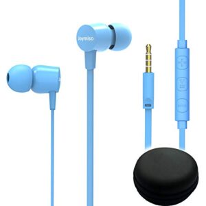 joymiso tangle free earbuds for kids women small ears with case, comfortable lightweight in ear headphones, flat cable ear buds wired earphones with mic and volume control for cell phone laptop (blue)