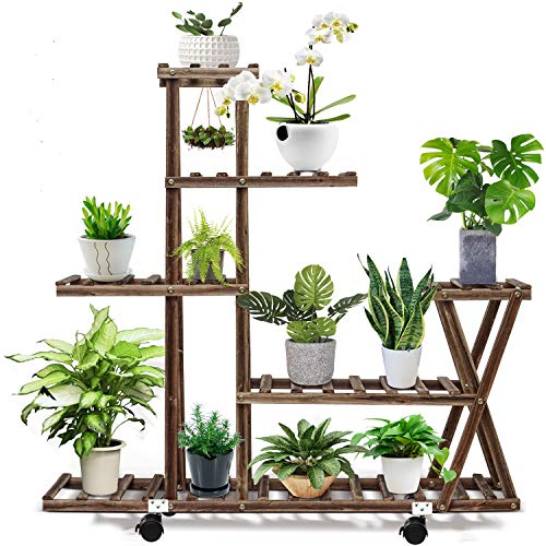 cfmour Wood Plant Stand Indoor Outdoor, Plant Display Multi Tier Flower Shelves Stands, Garden Plant Shelf Rack Holder in Corner Living Room Balcony Patio Yard with 3 Free Gardening Tools