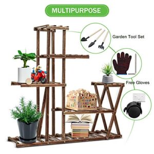 cfmour Wood Plant Stand Indoor Outdoor, Plant Display Multi Tier Flower Shelves Stands, Garden Plant Shelf Rack Holder in Corner Living Room Balcony Patio Yard with 3 Free Gardening Tools