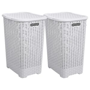 superio laundry hamper with lid 60 liter ivory (2 pack) plastic wicker large hampers basket with cutout handles, deluxe bin to storage dirty cloths in washroom bathroom