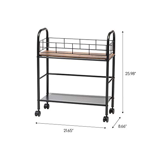 IRIS USA 2-Tier Kitchen Storage Rolling Cart with Lockable Caster Wheels, Coffee Cart, Pantry Rack, Home Bar, Serving Cart, Slim, Rustic Brown