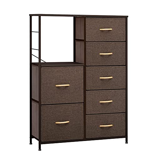 Crestlive Products Vertical Dresser Storage Tower with Shelves, 7 Drawers Closet Organizer, Night Stand, Fabric Bins, Versatile Cabinet Dresser for Bedroom, Living Room, Hallway (Brown)