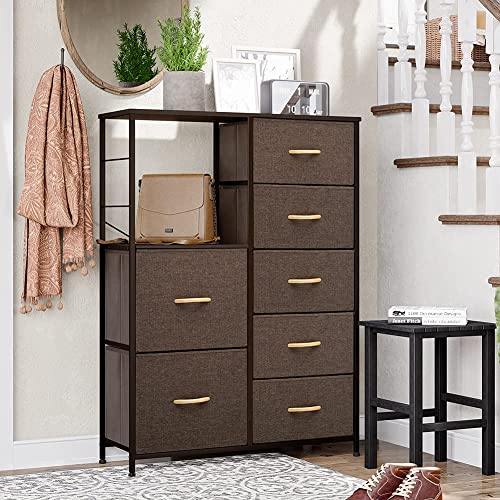 Crestlive Products Vertical Dresser Storage Tower with Shelves, 7 Drawers Closet Organizer, Night Stand, Fabric Bins, Versatile Cabinet Dresser for Bedroom, Living Room, Hallway (Brown)