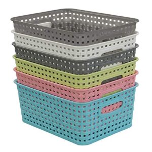 rinboat mixed color rectangle storage baskets, plastic weave shelf baskets, 6 packs