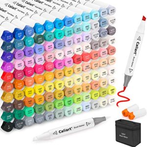 caliart 121 colors alcohol based markers, dual tip (brush & chisel) permanent artist art markers sketch markers for adult kid coloring book and illustration, plus 1 colorless alcohol marker blender