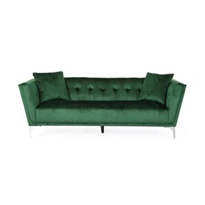 christopher knight home matilda modern glam 3 seater velvet sofa, emerald green + silver