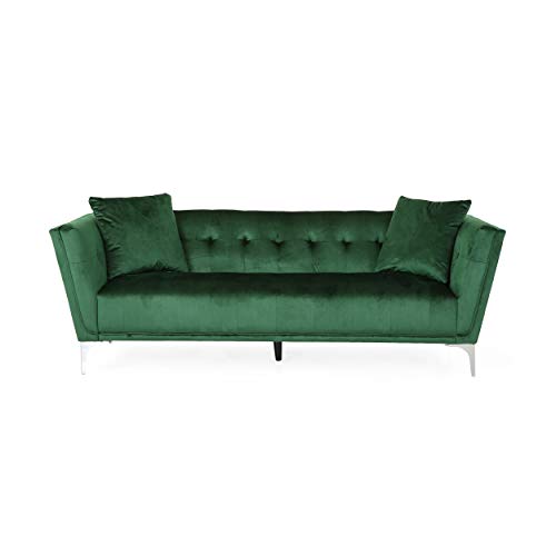 Christopher Knight Home Matilda Modern Glam 3 Seater Velvet Sofa, Emerald Green + Silver