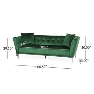 Christopher Knight Home Matilda Modern Glam 3 Seater Velvet Sofa, Emerald Green + Silver