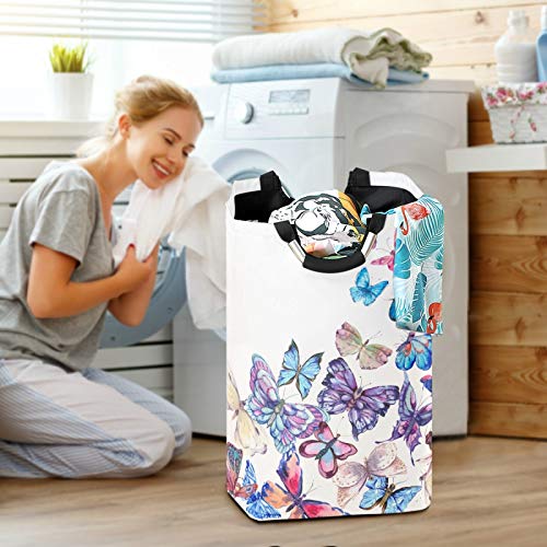 ALAZA Large Laundry Basket Blue & Pink Butterfly Laundry Bag Hamper Collapsible Oxford Cloth Stylish Home Storage Bin with Handles, 22.7 Inch