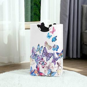 ALAZA Large Laundry Basket Blue & Pink Butterfly Laundry Bag Hamper Collapsible Oxford Cloth Stylish Home Storage Bin with Handles, 22.7 Inch