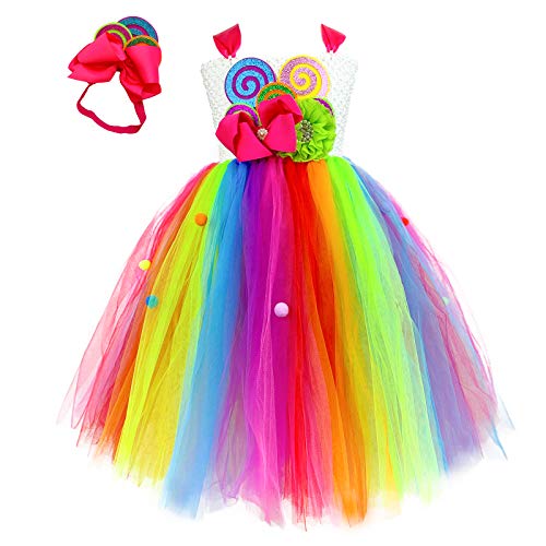 O'COCOLOUR Rainbow Candy Tutu Dress for Girls 1-12 Years Lollipop Costume with Headband Birthday Halloween Carnival Party (Rainbow, Large(5-6Y))