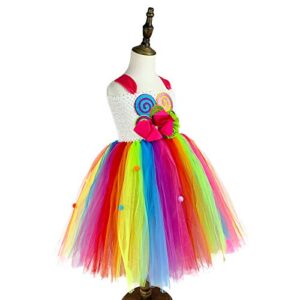 O'COCOLOUR Rainbow Candy Tutu Dress for Girls 1-12 Years Lollipop Costume with Headband Birthday Halloween Carnival Party (Rainbow, Large(5-6Y))