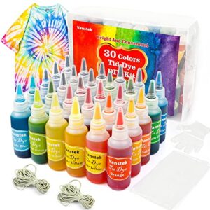 vanstek 30 colors tie dye kit, tie dye shirt fabric dye for women, kids, men, with rubber bands, gloves, plastic film and table covers for family friends groups party supplies