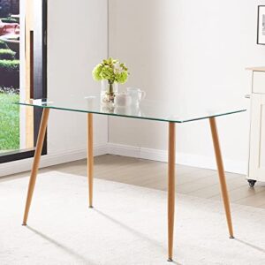 glass dining table rectangle - glass top dining room table, modern clear kitchen table with wooden metal leg, rectangular dining table for 2 or 4 for small spaces apartment kitchen or dining room