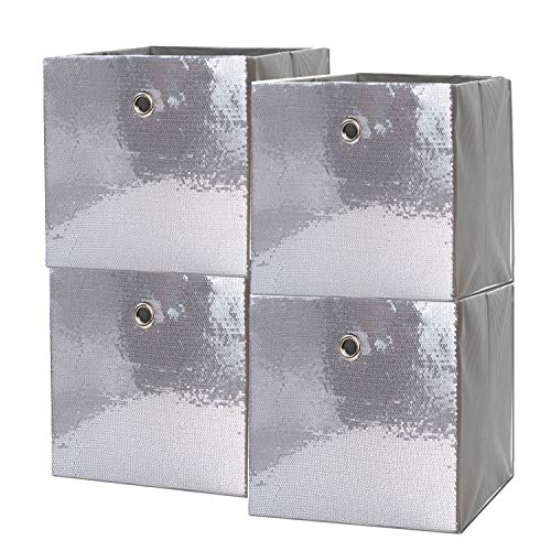 Velvet and Sequins Foldable Storage bins combination, Decorative Square Storage Box, Collapsible Storage Unit, Storage Cube for Festival, Home, Nursery (11″x10.5″x10.5″,Grey/Silver) (silver, 4)