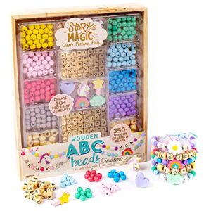 story magic wooden abc bead kit, premium wood jewelry making kit, 350+ wooden beads & charms for beading bracelets, great for playdates & sleepovers, arts & crafts kit set for kids ages 4, 5, 6, 7