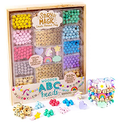 Story Magic Wooden ABC Bead Kit, Premium Wood Jewelry Making Kit, 350+ Wooden Beads & Charms for Beading Bracelets, Great for Playdates & Sleepovers, Arts & Crafts Kit Set for Kids Ages 4, 5, 6, 7