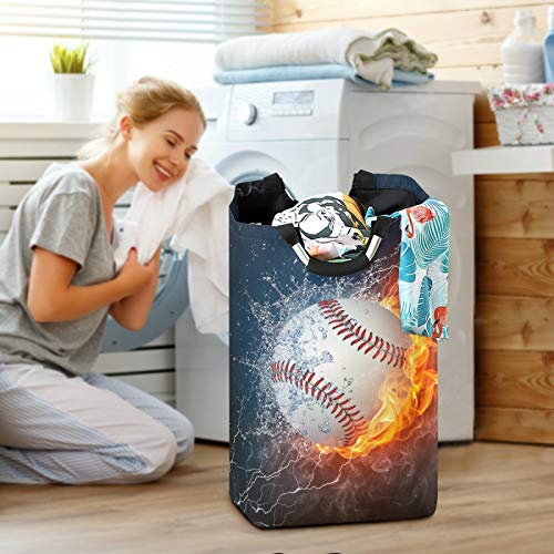 ALAZA Large Laundry Basket Fun Sports Baseball Water Fire Laundry Bag Hamper Collapsible Oxford Cloth Stylish Home Storage Bin with Handles, 22.7 Inch