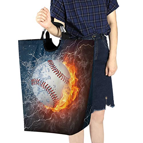 ALAZA Large Laundry Basket Fun Sports Baseball Water Fire Laundry Bag Hamper Collapsible Oxford Cloth Stylish Home Storage Bin with Handles, 22.7 Inch