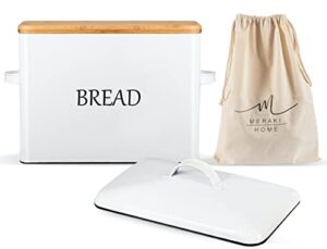 extra large bread box with 2 lids - metal & bamboo lid - white metal bread box for kitchen countertop - holds 2+ loaves - farmhouse bread box - bread storage ventilation holes - xxl bread bag