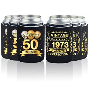 greatingreat 50th birthday can cooler sleeves pack of 12-50th anniversary decorations- vintage 1973-50th birthday party supplies - black and gold fiftieth birthday cup coolers