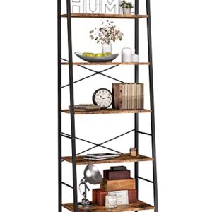 Yusong Bookshelf, Ladder Shelf 5-Tier Bookcase for Bedroom, Industrial Book Shelves Storage Rack with Metal Frame for Home Office, Rustic Brown