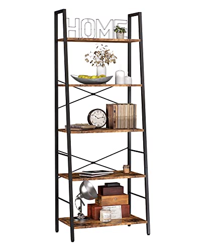 Yusong Bookshelf, Ladder Shelf 5-Tier Bookcase for Bedroom, Industrial Book Shelves Storage Rack with Metal Frame for Home Office, Rustic Brown